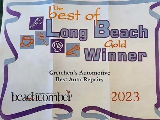 Gretchens Automotive Wins THE BEST OF LONG BEACH GOLD WINNER Award 2023