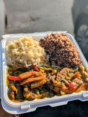 Vegan Curry Salmon, Rice and peas with Cabbage