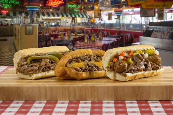 Italian beef trio: Beef with sweet peppers, beef and cheddar croissant, and beef & sausage combo with hot peppers.