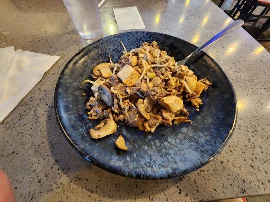 My dish from the Mongolian grill. Beef, mushrooms, tofu, egg and bean sprouts.