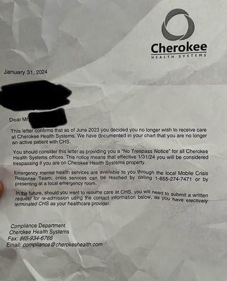 Cherokee Health sent this letter to someone with clinical depression and many other problems. They do not care about anyone's health.