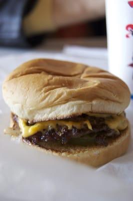 Single burger at Fritz's Railroad Restaurant.