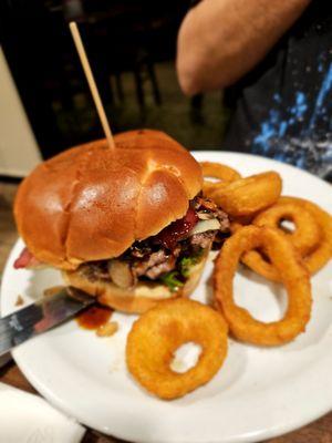 Bourbon Burger with onion rings