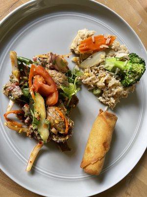 A little chicken fried rice, a little yum nuea and a fried spring roll