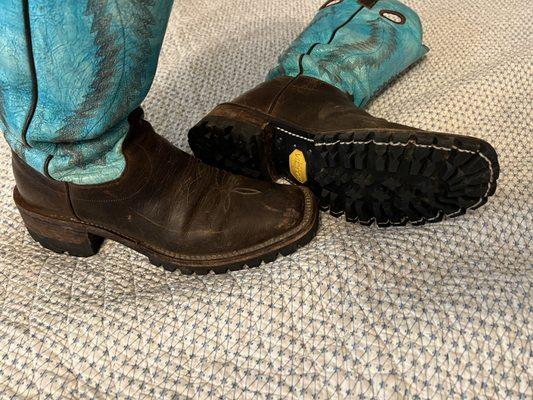 Olathe buckaroo with full Vibram sole. 
 NOT FOR RIDING!