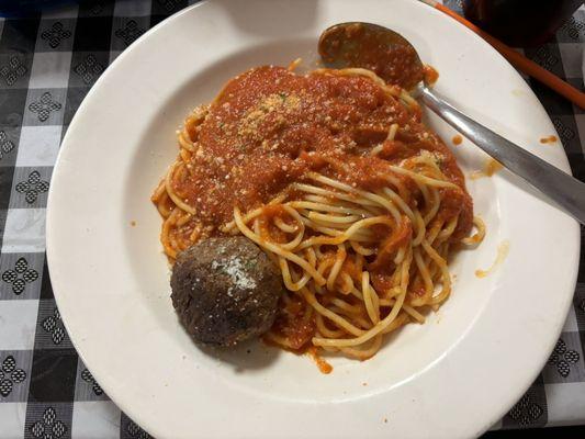 Half spaghetti plate w/one meatball. 1/13/2024