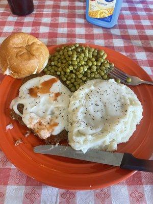 COUNTRY FRIED STEAK OVER WHITE GRAVY. ONE OF MONDAYS SPECIAL