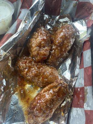 Breaded chicken wings with sweet chili sauce. Very Good!!