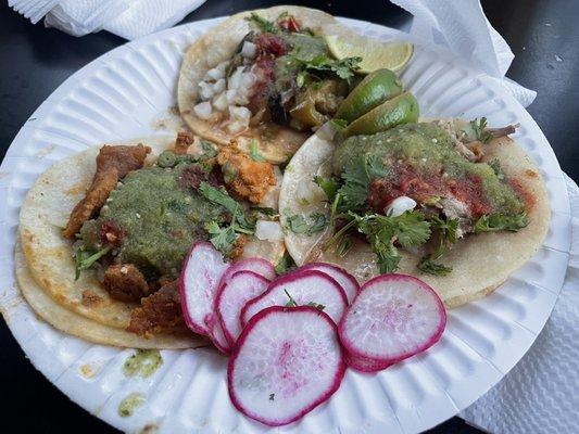 Pastor, veggie, carnitas tacos