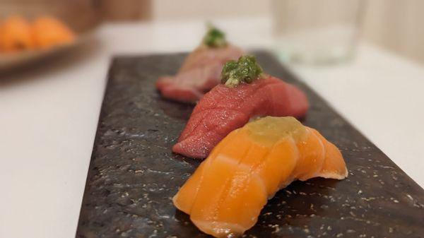 Salmon sushi, chutoro and otoro.