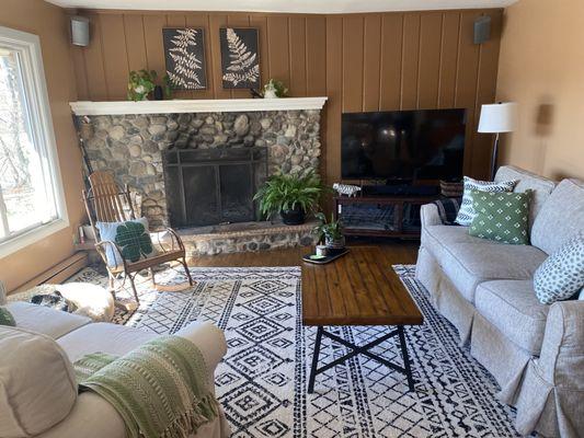 The tweedy gray sofa colors go with everything. The ivory covers on love seat are easy to wash ( perfect for people who love chocolate)