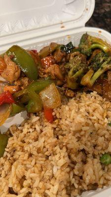 Beef and broccoli with kung pao chicken and fried rice