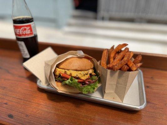 The Wingman chicken sandwich with sweet potato fries