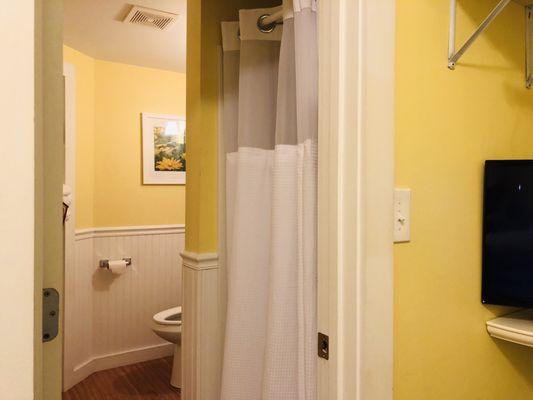 Well lit bathroom with stall shower. Decent water pressure.