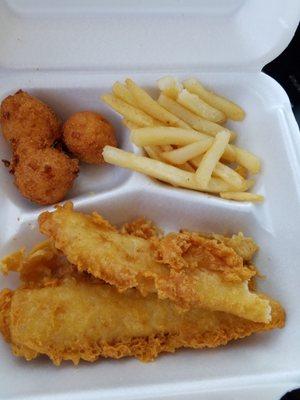 2 PC fish, fries, and hushpuppies