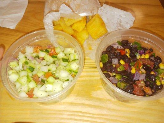 Black beans, cucumber salad and yucca fries