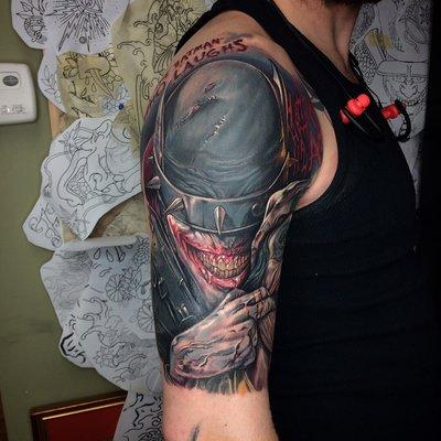 The Batman Who Laughs Tattoo by Dave Lopez. Dave is available for tattoo appointments. Call 718-982-0100 for more info