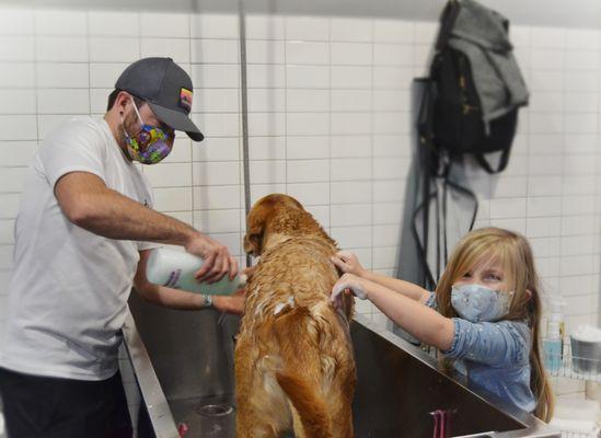 Self-service washes make bath time a breeze! No more hair covered bathrooms or aching backs.