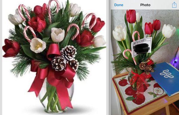 I am ver disappointed with my order. I payed upwards of $70 for a beautiful christmas bouquet. The one on the right is what I received.