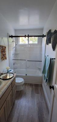 Dual sliding glass shower door with matt black finish