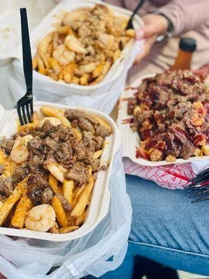 Honey Garlic Steak & Shrimp, Honey Garlic Chicken & Shrimp, and BBQ Steak & Chicken Fries