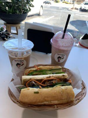 Bánh mì with traditional boba milk tea and salted coffee with pink foam