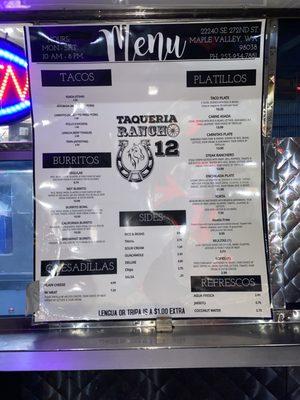 Recent Taqueria Rancho 12 Menu