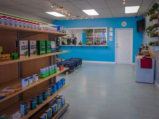 Front waiting area with vital selection of drugstore and over-the-counter items.