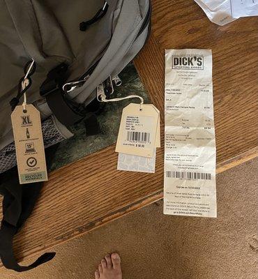 Back pack price tag and Receipt