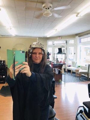 Receiving lowlights and highlights at Main Street Salon by hairstylist Katie Tincher.