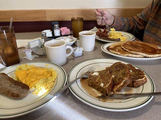 Pumpkin Bread French Toast, eggs and sausage, and the Hungry Appleman Breakfast.