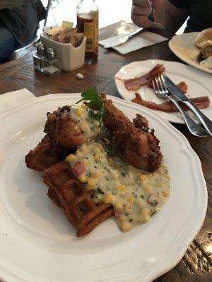 Unique version of chicken and waffles. And delicious bacon