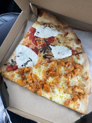 Spicy Buffalo Chicken Pizza to go and Margherita Pizza slice to go