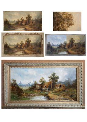 Oil painting 18th century French landscape relined, cleaning, restoration and framed.