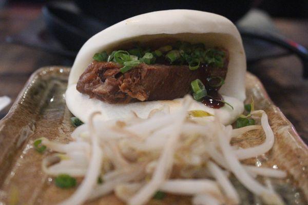 Pork Kakuni Bao Bun with bean sprouts.