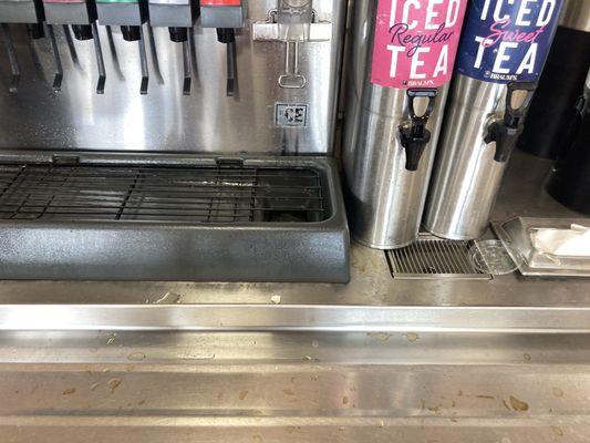 Soda Fountain absolutely disgusting. Soda sprayed all over the place. Looked like it hasn't been cleaned all week.