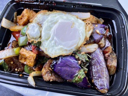 Spicy Tofu Eggplant with a fried egg.