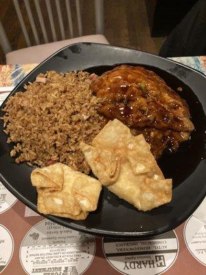 Egg foo yong with fried rice and crab Rangoon