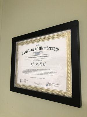 Certificate of membership of the American Society of Tax Problem Solvers showing current membership