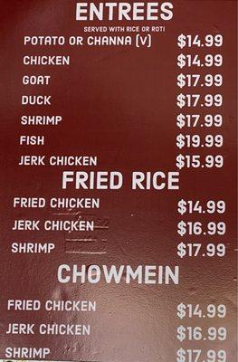 Menu with prices