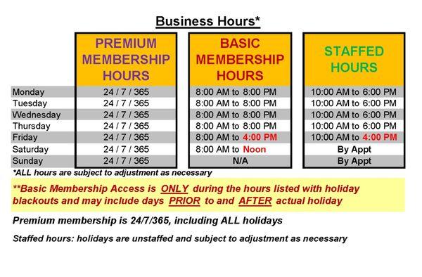 Staffed, basic membership, and premium membership hours