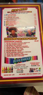 Kids and drink menu