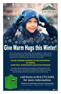 A new collection program to go with this year's Snack Bags of Joy, we're collecting winter hats and gloves.