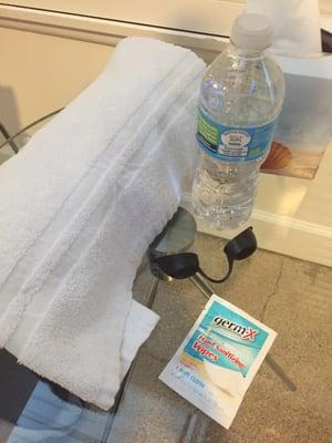 Large towel, anti-bacterial hand wipes, goggles and a bottled water are Included in your tanning experience.