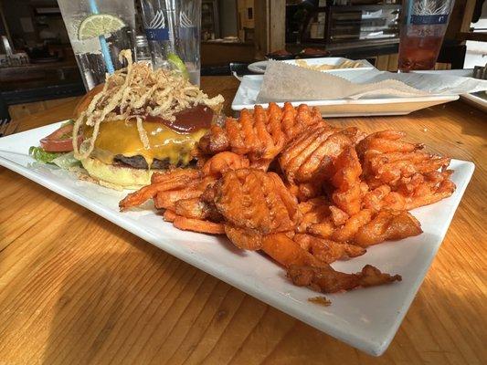 LAYTON HOTEL BURGER - 8OZ BURGER TOPPED WITH CHEDDAR CHEESE, CRISPY FRIED ONIONS AND BBQ SAUCE