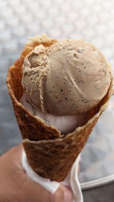 Coffee and coconut ice cream. They don't use a glove or wrap a napkin around to handle your ice cream cone. No take out cups, dine in only