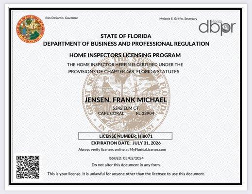 Inspector Frank's State Home Inspectors License