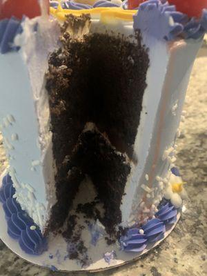 Chocolate cake, cream, and fudge filling