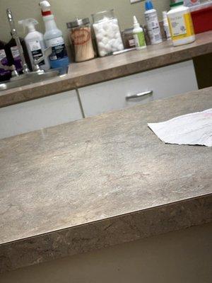 Dirty table in exam room. What appears to be blood or some other fluid. Was there when we arrived.