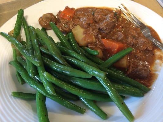 Beef stew and fresh green beans. $6.50.